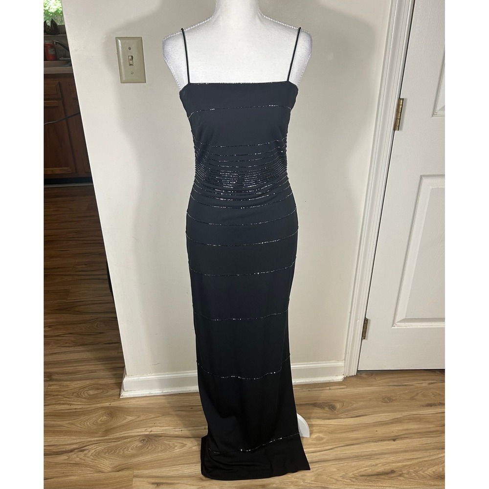 De Laru Dress Sz 5/6 Black Beaded Gown VTG Y2K Formal Slinky Maxi 90s Glam